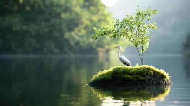 Heron sitting on island